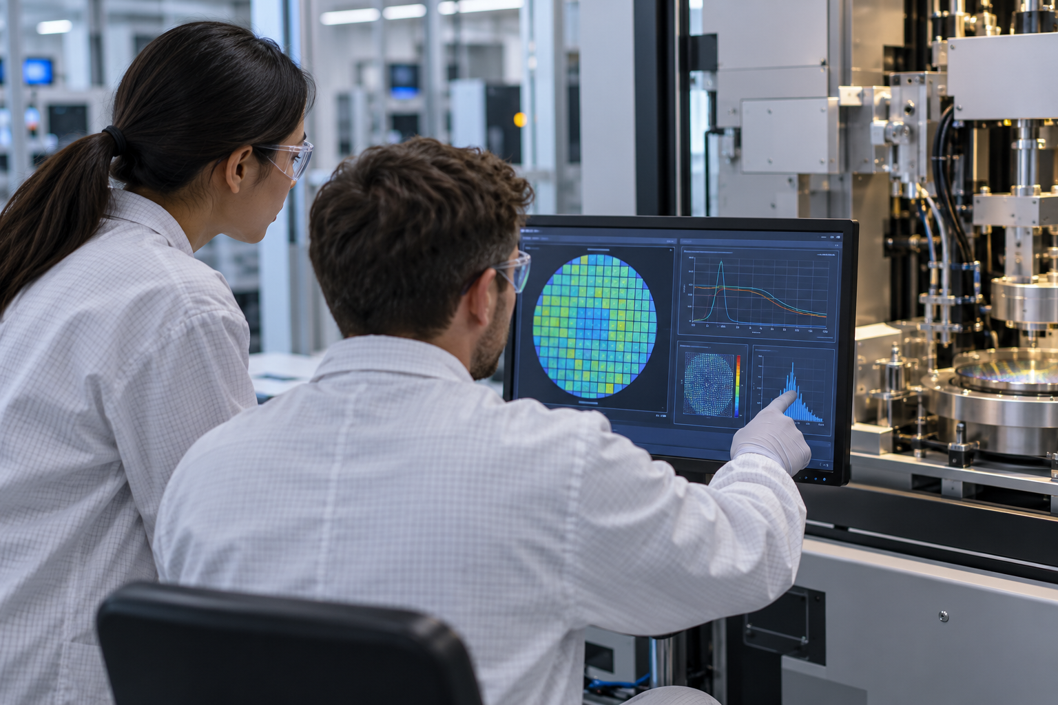 Engineers reviewing semiconductor process data